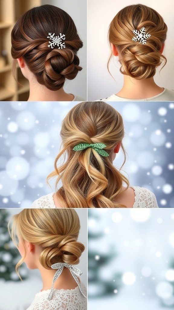 Collage of Christmas hairstyles including a braided updo, wavy half-up style, and sleek ponytail, all inspired by snowflakes.